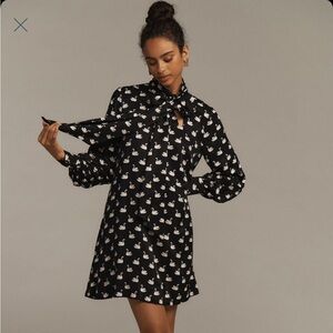 Maeve Swan Print Tie-Neck Mini Dress Black Small Anthropologie